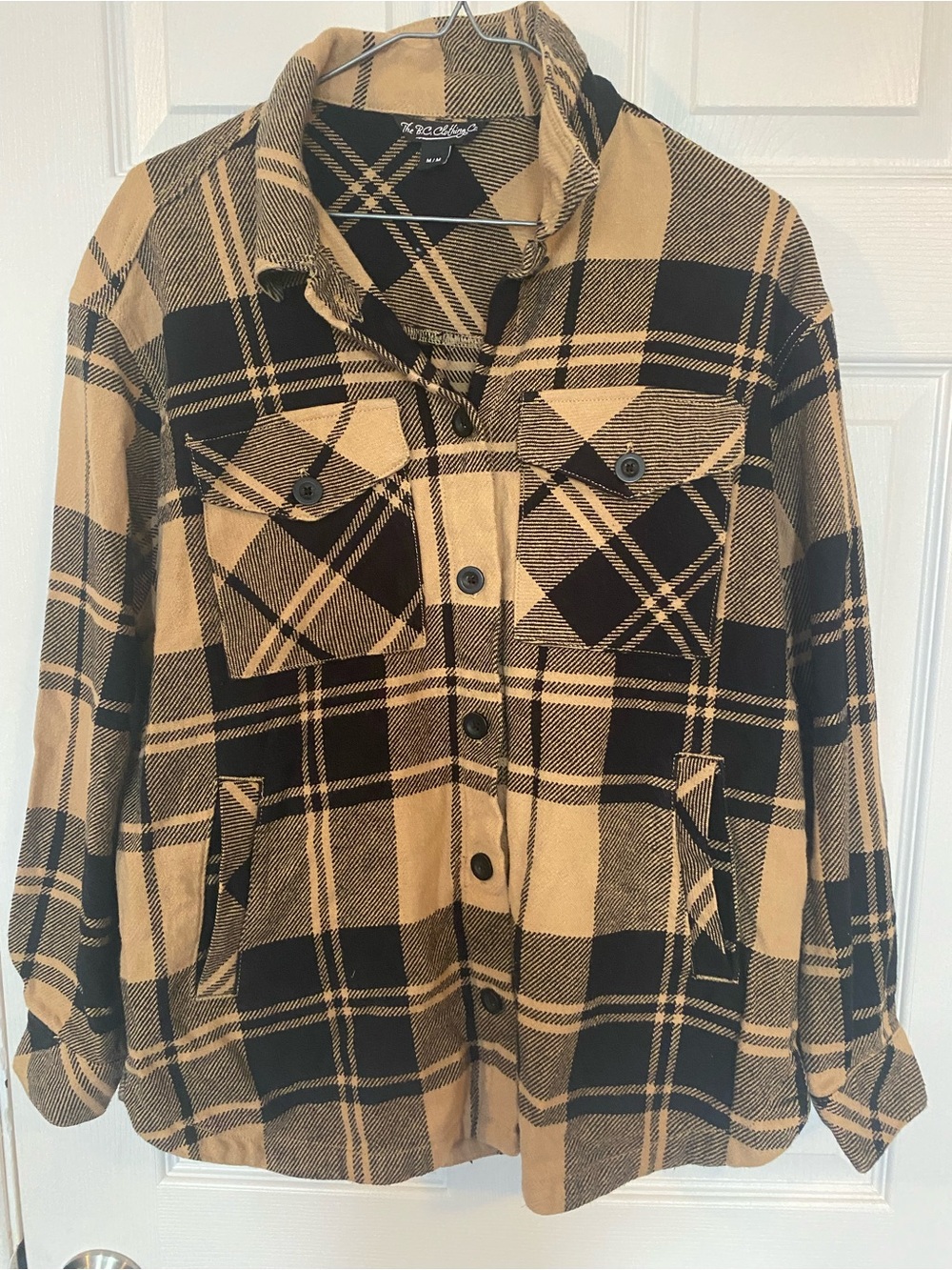 The B.C. Clothing Co. Black Tan Plaid Flannel Shacket Size Medium